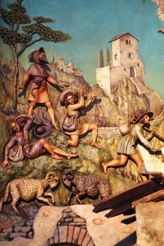 Neben den ergriffenen Hirten kämpfen zwei Schafböcke.