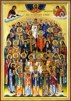 Ikone „Synaxis früher Heiliger der deutschen Lande“ (Titelfoto Band 2). Diese Ikone ist beim Verlag Edition Hagia Sophia in unterschiedlichen Größen erhältlich.